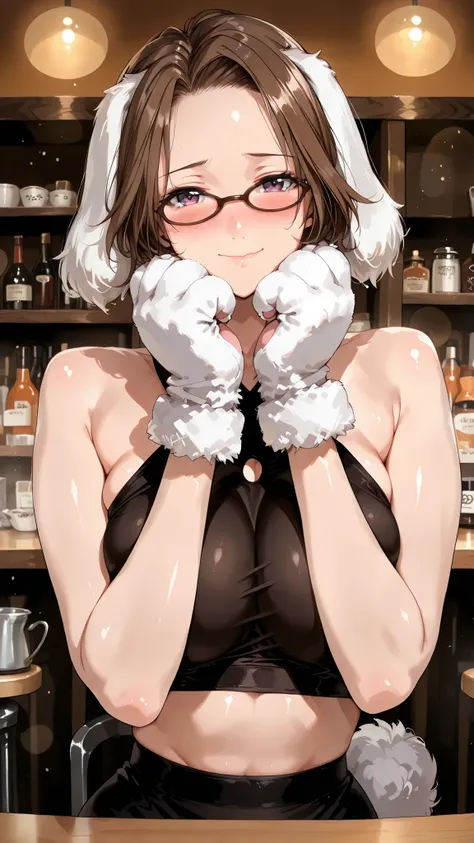 solo, tomoe (accelerando), purple eyes, brown hair, short hair, glasses, mature woman, Tight waist、Small waist、shiny Skin , (upper body), sexy, (adult woman, 25+), score_9, score_8_up, score_7_up, source_anime,(extremely detailed CG), (best quality), Phot...