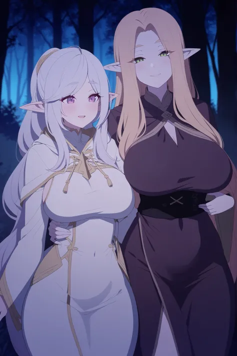 2 elf girls, Long hair, attractive facial features, curvy breasts, thick hips, Robes, Night, the forest, cuddle, smile, light blush, cuteness, (1 dark elf), (2 high elves), unique appearance