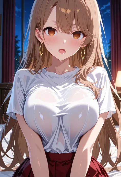 High quality, 1girl, sole female, miyako saitou, very long hair, brown hair, brown eyes, hoop earrings, big eyes, delicate facial features, natural skin texture, seductive, looking at viewer, dark elegant bedroom at night, sexy schoolgirl outfit, white shi...