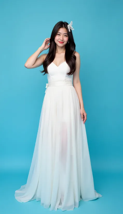 32k, Masterpiece, Top Quality, (Korea's Beautiful Women wearing long white dress) Full body, arm behind head, eye-level, long wavy dark brown hair, white lace bow, Nude, bright blue background, playful, youthful, whimsical, edgy, bright lighting.