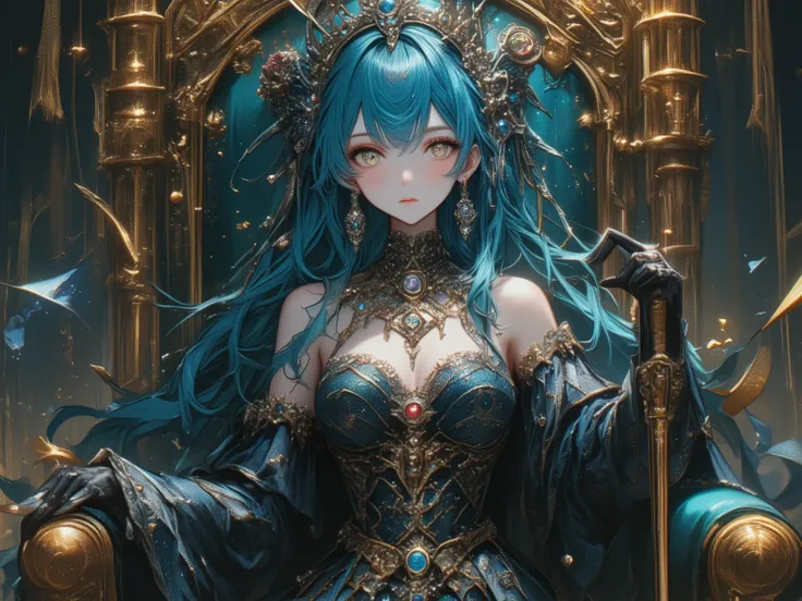 ５Mannequin princess crowned with a silver tiara with colored jewels、A princess with beautiful ultramarine blue hair adorned with jewels、A princess with intricate magic circles layered in her golden eyes、A gothic dress adorned with jewels、No expression、Sphe...
