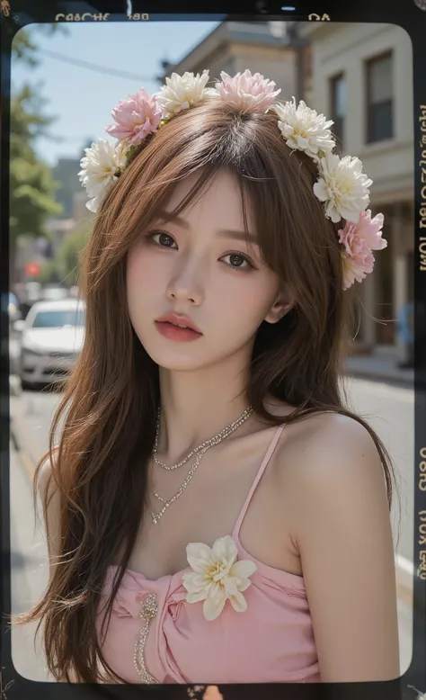 fuji 35 mm filmstrip, retro 1970s art style, boujee girl hyper ultra realism, if you are going to San Francisco be sure to wear some flowers in your hair