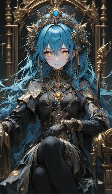 ５a princess crowned with silver tiara with colored jewels、A princess with beautiful ultramarine blue hair adorned with jewels、A princess with intricate magic circles layered in her golden eyes、gorgeous gothic dress、宝飾品で飾り立てられている、No expression、Sphere Festiv...