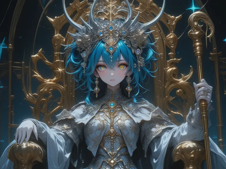 ５Mannequin princess crowned with a silver tiara with colored jewels、A princess with beautiful ultramarine blue hair adorned with jewels、A princess with intricate magic circles layered in her golden eyes、A gothic dress adorned with jewels、No expression、Sphe...