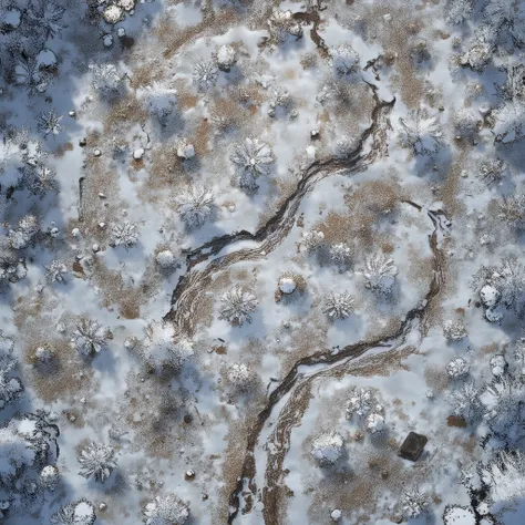 Dnd_maps, top view, in the style of a map for the board game, , an isometric image of a field of mud with a dry lawn densely covered with melted snow, (without trees , 1.5), (without bushes, 1.5)