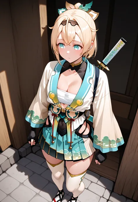 Kazama Iroha,Kazama Iroha, japanese clothes, long sleeves, kimono, cleavage, mini skirt, pleated skirt, wide sleeves, black fingerless gloves, white thighhighs, sandals, hakama skirt, tabi, haori, hakama short skirt, chest sarashi, sheathed katana on back