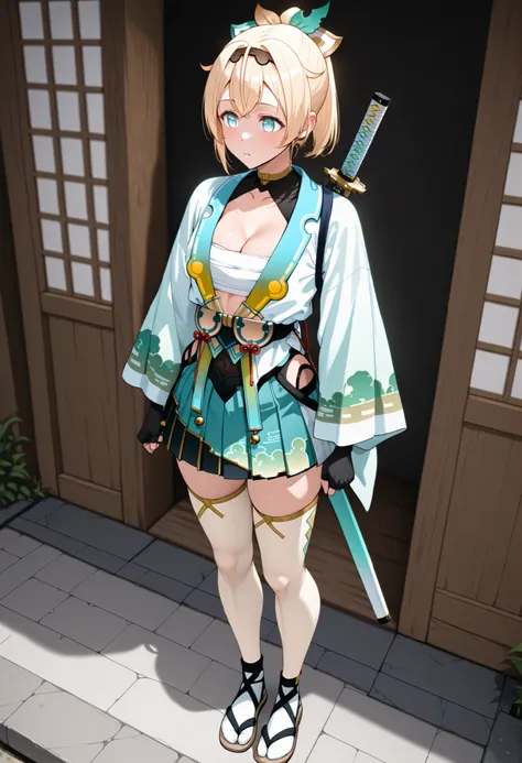Kazama Iroha,Kazama Iroha, japanese clothes, long sleeves, kimono, cleavage, mini skirt, pleated skirt, wide sleeves, black fingerless gloves, white thighhighs, sandals, hakama skirt, tabi, haori, hakama short skirt, chest sarashi, sheathed katana on back