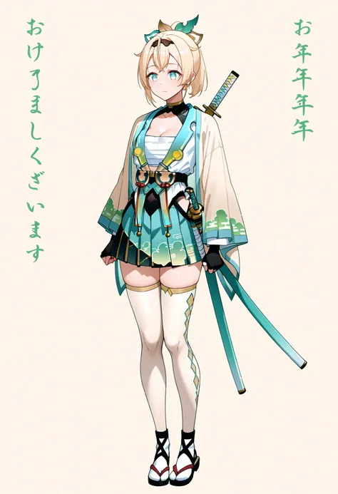 Kazama Iroha,Kazama Iroha, japanese clothes, long sleeves, kimono, cleavage, mini skirt, pleated skirt, wide sleeves, black fingerless gloves, white thighhighs, sandals, hakama skirt, tabi, haori, hakama short skirt, chest sarashi, sheathed katana on back