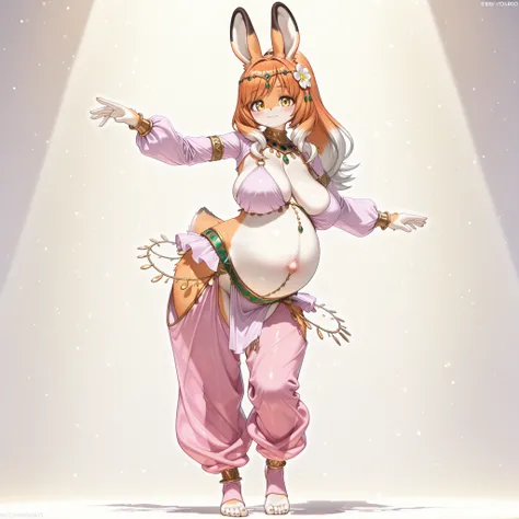 (1girl, solo, hare girl, furry, Kemono, Fluffy fur, coloured fur, orange fur, two tone fur, orange hair, long hair, bangs, ponytail, hair flower, yellow eyes, big breasts, cleavage, sagging breasts, navel, pregnant, big belly, wide hips, belly dancer, hare...