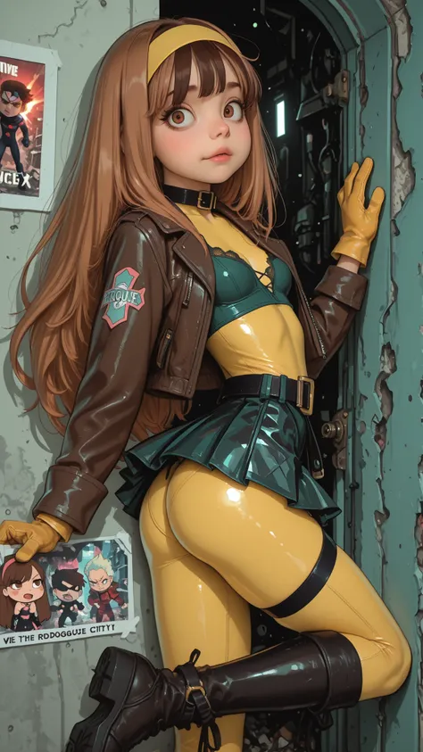 by Tsukushi Akihito, artist:moriimee. In an full fight action state of the art comic cover page in a destroyed city scene, we can see DEFrogue, long hair, dyed bangs, headband, bodysuit,  jacket, yellow gloves, belt, stylized transparency, long sleeves, bl...