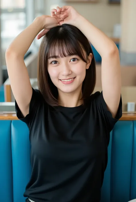 A young Asian woman with shoulder-length brown hair, sitting relaxed on a blue cushioned booth seat in a diner-like setting. She's wearing a simple black short-sleeved t-shirt that clings to her figure. Her pose is casual and playful: both arms raised abov...