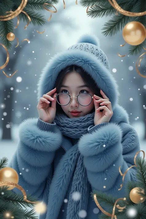 Draw a promotional New Year poster for an optical store (sells glasses). There should be spruce branches around, gold-colored Christmas tree balls, serpentine ribbons. The background of the picture is blue, and in the center there is a snow maiden in a blu...