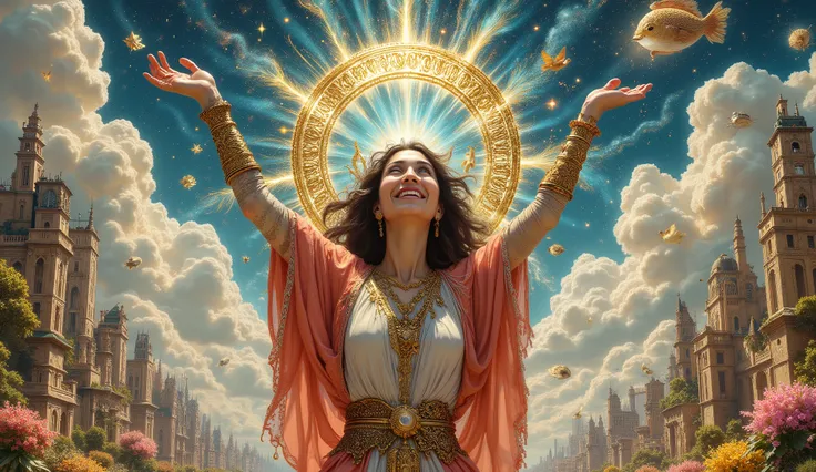 dreamlike art style, surreal fantasy, detailed, intricate, fine strokes, color palette: Han blue, pearl acqua, Buff, Fawn, Light Coral, gold leaf details, with patterns, A woman with her hands and arms raised, thanking the heavens, her expression is one of...