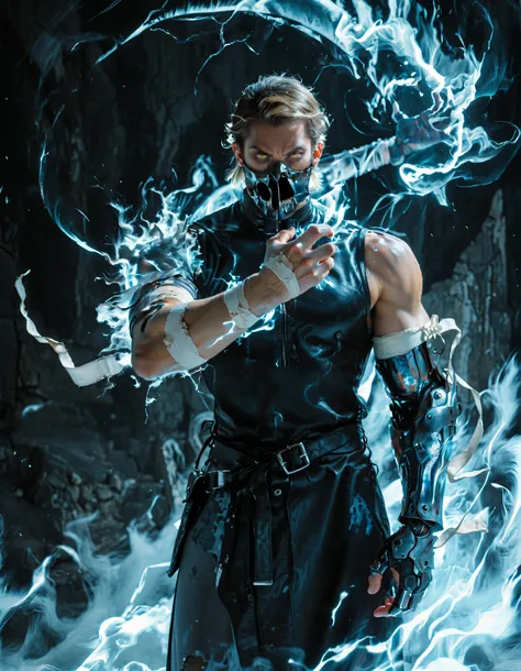 a boy,Alone,male focus, (lateral arm lift)),((in front)), straight arm,arm out,((arm pointed at your side)),Firm standing,knees slightly bent,(( straight arm)),Standing firmly,Espectro humanoide con un brazo blue transprente,a boy,Alone,male focus,Muscular...