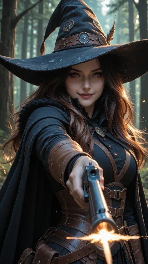 SFW, Lethal modern body hunter, beautiful woman with witch hat, dark clothes, flowing hair, sadic smirk, looking at viewer, gun, firing, aiming at viewer, aiming, solo, in the isekai world forest.