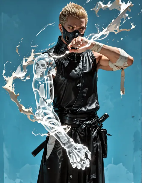 a boy,Alone,male focus, (lateral arm lift)),((in front)), straight arm,arm out,((arm pointed at your side)),Firm standing,knees slightly bent,(( straight arm)),Standing firmly,Espectro humanoide con un brazo blue transprente,a boy,Alone,male focus,Muscular...