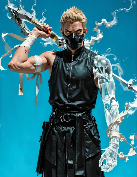 a boy,Alone,male focus, (lateral arm lift)),((in front)), straight arm,arm out,((arm pointed at your side)),Firm standing,knees slightly bent,(( straight arm)),Standing firmly,Espectro humanoide con un brazo blue transprente,a boy,Alone,male focus,Muscular...