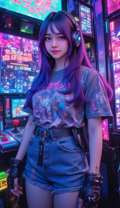 high quality, masterpiece, best quality, anime girl, 3/4 view, teenage girl with long purple hair, arcade champion, neon lights reflecting on her face, determined expression, wearing headphones, retro gaming t-shirt, fingerless gloves, standing in front of...