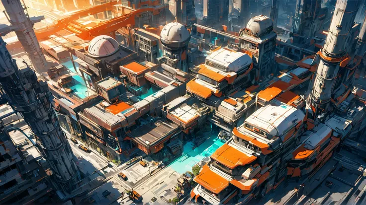 Create a sci-fi scene of a beautiful, futuristic, modern alien city with many beautiful, unusually shaped and complex tall buildings made of shiny glass with many industrial pipelines and overpasses for transportation traffic. Massive silver industrial pip...