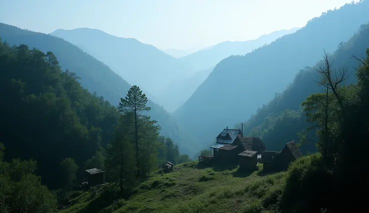 Create an atmospheric miniature of the Appalachian Mountains on a clear day, with dense forests, eerie silhouettes of huts, and cave entrances. Ultra-realistic 8K details, dramatic contrast, cinematic lighting, and clear readability on small screens. 
