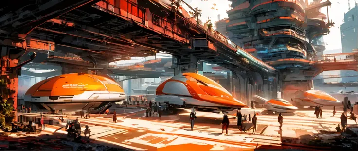 Create a sci-fi scene of a beautiful, futuristic, modern alien city with many beautiful, unusually shaped and complex tall buildings made of shiny glass with many industrial pipelines and overpasses for transportation traffic. Massive silver industrial pip...