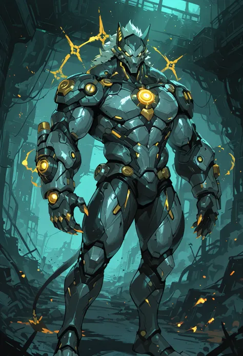 A towering, monstrous anthro jackal cyborg war machine stands in a dramatic, futuristic setting. The character exudes an aura of raw power and menace, with a balanced yet muscular physique, thick arms and legs, and a wide, bulky chest. His delicate face co...