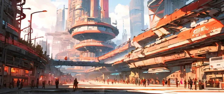 Create a sci-fi scene of a beautiful, futuristic, modern alien city with many beautiful, unusually shaped and complex tall buildings made of shiny glass with many industrial pipelines and overpasses for transportation traffic. Massive silver industrial pip...