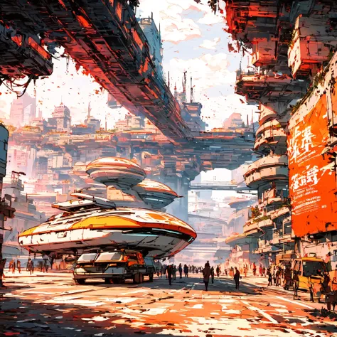 Create a sci-fi scene of a beautiful, futuristic, modern alien city with many beautiful, unusually shaped and complex tall buildings made of shiny glass with many industrial pipelines and overpasses for transportation traffic. Massive silver industrial pip...