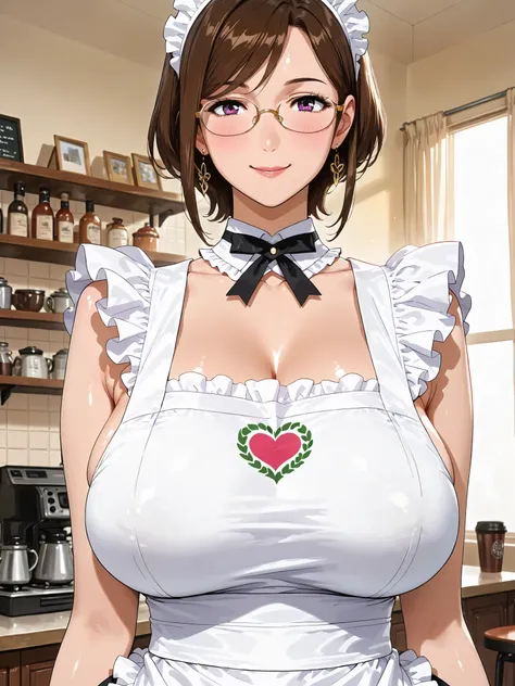 solo, tomoe (accelerando), purple eyes, brown hair, short hair, glasses, mature woman, Tight waist、Small waist、shiny Skin , (upper body), sexy, (adult woman, 25+), score_9, score_8_up, score_7_up, source_anime,(extremely detailed CG), (best quality),  A cu...
