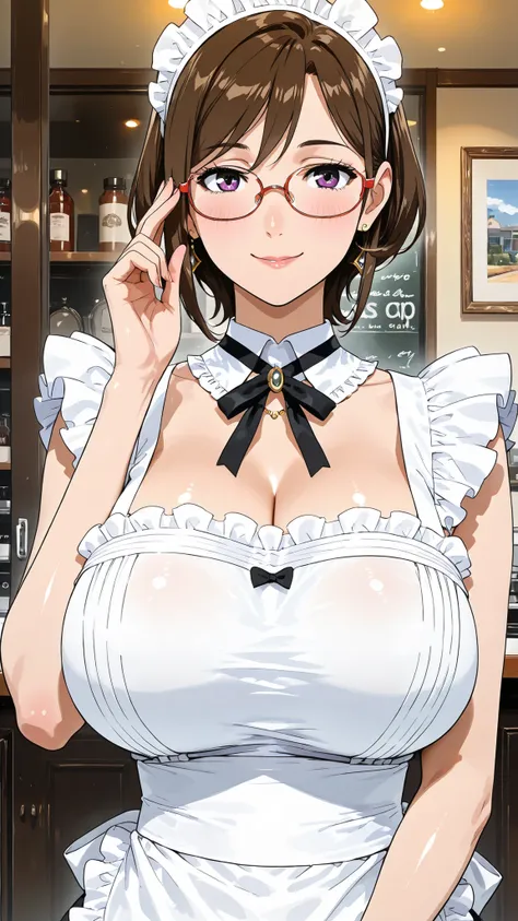 solo, tomoe (accelerando), purple eyes, brown hair, short hair, glasses, mature woman, Tight waist、Small waist、shiny Skin , (upper body), sexy, (adult woman, 25+), score_9, score_8_up, score_7_up, source_anime,(extremely detailed CG), (best quality),  A cu...