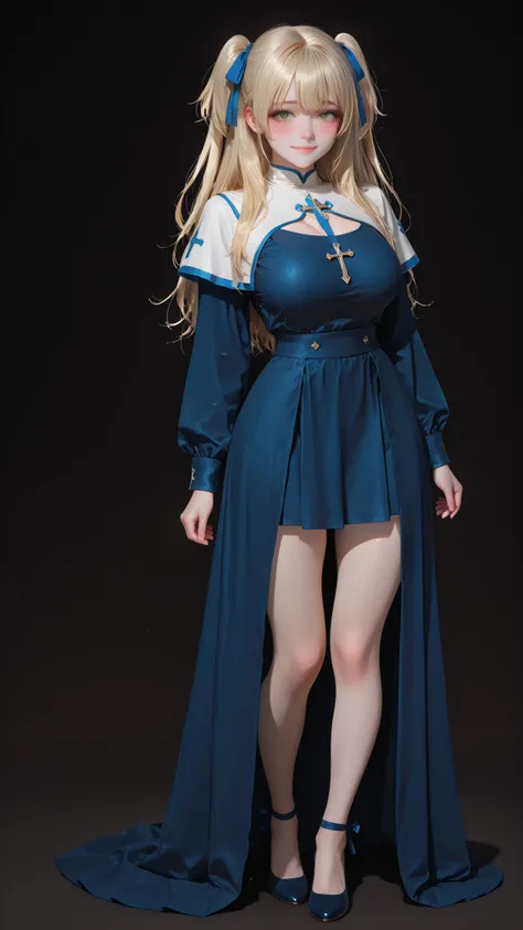 (dark background:1.4),),style_name,(detailsな顔,detailsな本文,detailsな目:1.1), Blonde,long hair, big breasts,(short girl,short height:1.4),(curved behind one hand:1.2),(High Resolution),(details), (8k),(two side up),(green eyes),,(fantasy,Priestess,Priestessの服:1...