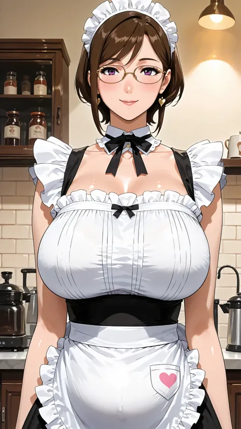 solo, tomoe (accelerando), purple eyes, brown hair, short hair, glasses, mature woman, Tight waist、Small waist、shiny Skin , (upper body), sexy, (adult woman, 25+), score_9, score_8_up, score_7_up, source_anime,(extremely detailed CG), (best quality),  A cu...