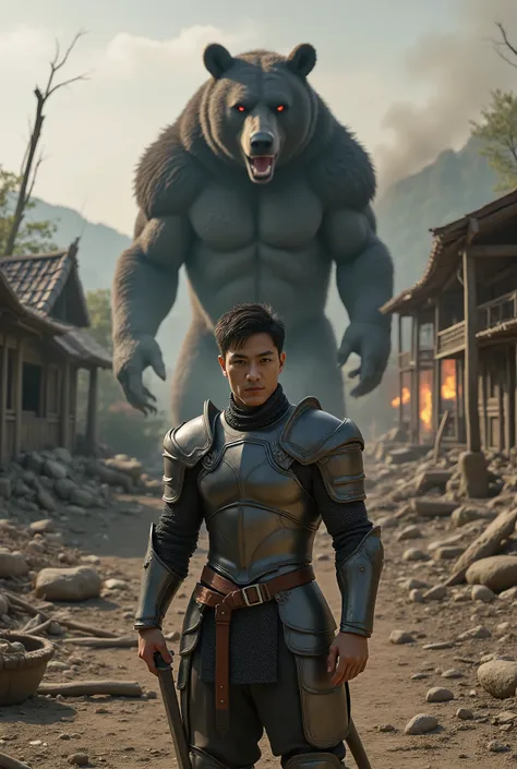 「is handsome ,  a muscular knight 、 He stands in the ruins of a destroyed beginner's village .  His armor is tightly forged ,  outlining his powerful physique 、 A form-fitting design—a defined chestplate ,  sculpted abdominal armor , and、 Reinforced should...