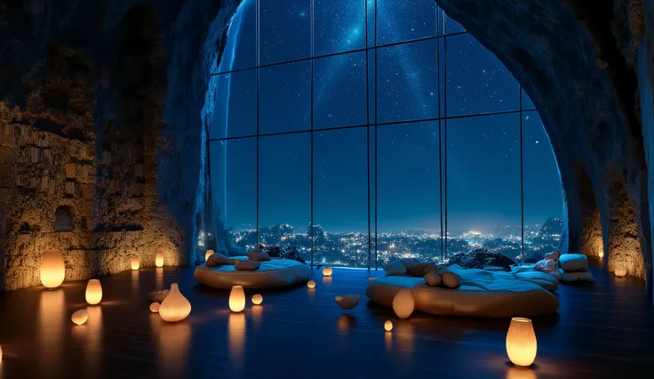 Wide々andした空間に魅惑的なシーンがWideがります, A modern room with a huge, tall glass wall that invites the outside world. At night, envelops the surroundings in deep blue. It's a place where you can soak in both literature and the beauty of an enchanting night, 星空andandもに...