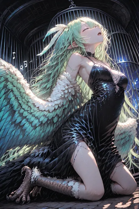 masterpiece、top quality、8k,biologically accurate、dynamic angle、full body、(Harpy singing in a birdcage), one woman (Harpy girl, bird's feet，colorful　feathers, ,colorfulな髪、very long hair、 bird claws, feather ornament, eyes closed,  looking up at the sky，cock...