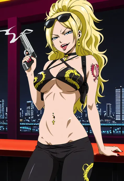 jennyreality, 1girl, long hair, ponytail, wavy hair, blonde hair, blue eyes,,   nail polish, ear piercing, long hair, , lipstick,Hot girl, baddie, smoking, sensual, attractive cross necklace, choker , jewelry, earrings,  sunglasses on head,,pull_down leggi...