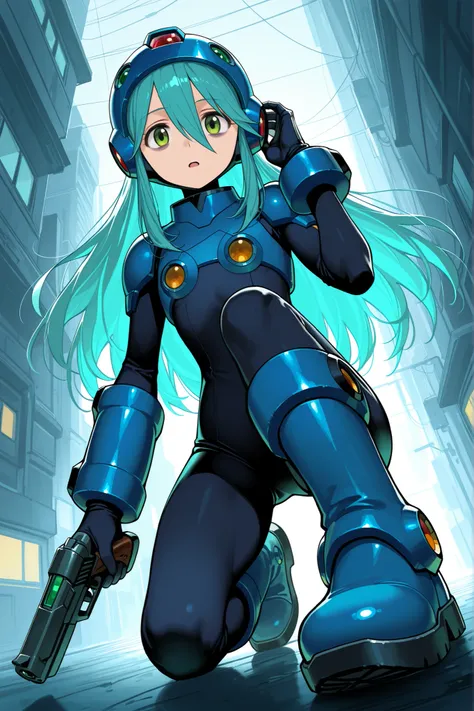 1girl, solo, character focus, close to viewer, full body, from below, dutch angle, dynamic angle, {cyber-space}, cyber-city, one hand on own ear, on one knee, The right forearm is a gun, rockman-style suit, shoulder protector, rockman-style head parts, (he...