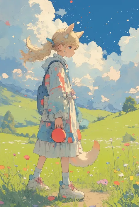 (masterpiece, best quality, ultra-detailed, 8k resolution),

1girl, solo, animal humanoid, kemonomimi,
loyal and energetic personality,
fluffy golden retriever-colored hair in ponytail with playful bounce,
((dog ears, fluffy dog tail)),
holding a red ball ...