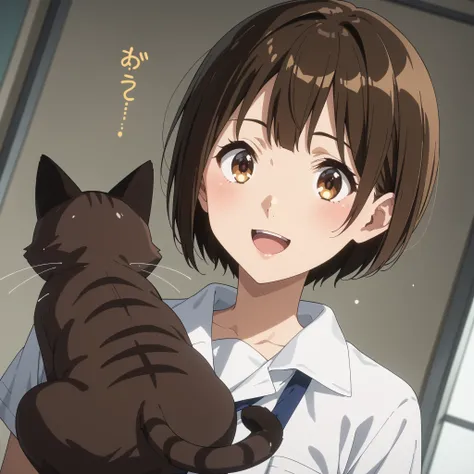 younger, Black-haired character ,  presumably children or teenagers ,  yellow Japanese text , Smile of joy,  dynamically drawn ,  dark blue like a cat or dog , background full of stars.  they are wearing white long-sleeved shirts with brown accents and pla...