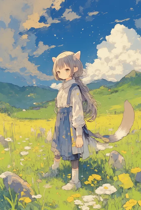 (masterpiece, best quality, ultra-detailed, 8k resolution),

1girl, solo, animal humanoid, kemonomimi,
mischievous and playful personality,
sleek silver-brown hair in a long ponytail with darker tips,
((small round ferret ears, long flexible tail)),
holdin...