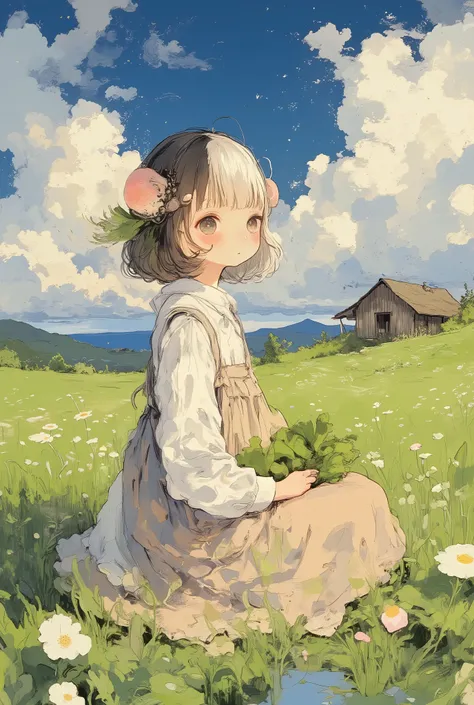 (masterpiece, best quality, ultra-detailed, 8k resolution),

1girl, solo, animal humanoid, kemonomimi,
calm and gentle personality,
fluffy tri-colored hair (brown, white, black) in soft waves,
((small round guinea pig ears, no visible tail)),
holding fresh...