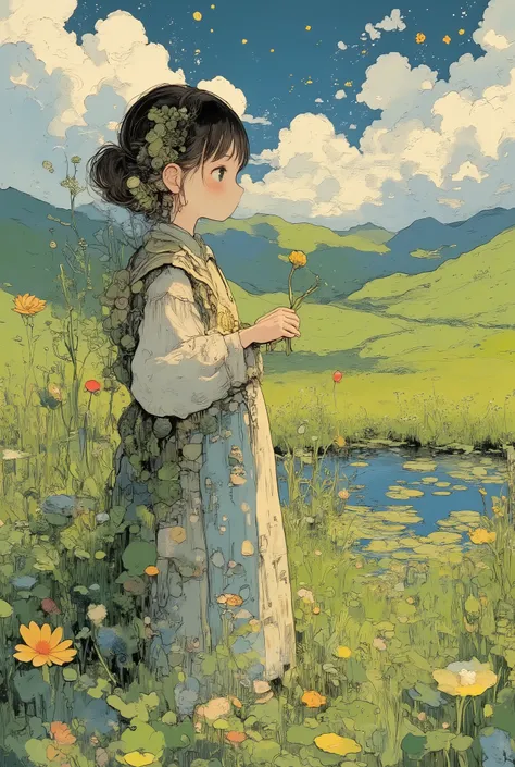 (masterpiece, best quality, ultra-detailed, 8k resolution),

1girl, solo, humanoid,
wise and calm personality,
dark green hair in a neat bun with brown undertones,
((shell-pattern back accessory, geometric shell motifs)),
holding a fresh leafy vegetable,
w...