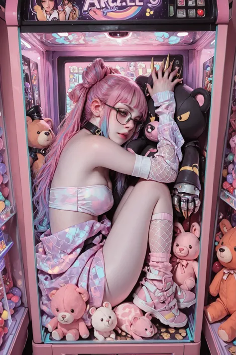(((a girl in a claw machine cabinet, a girl curled up in a pile of stuffed animals, mechanical claw overhead, girl in glass prize case))), masterpiece, detailed_eyes, high_quality, best_quality, highres, absurdres, 8k, score_9, 1girl, young model, dimly li...