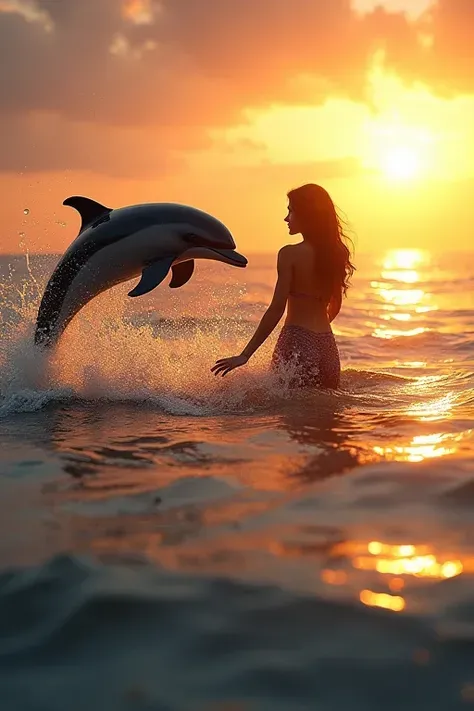 High quality,professinal,Strong sense of realism,Excellent Light Effects,splash of water,Dolphins Jumping on the Sea Surface,Beautiful sexy girl,the setting sun,golden rays,warm color,Dynamic moments,Delicate Water Drops,Dreamy Beach Scene,Amazing detail d...