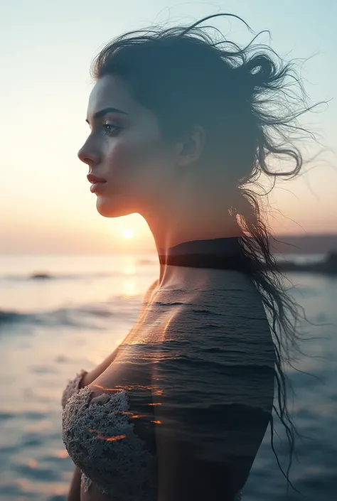 High Quality, 8K Ultra HD, Una hermosa double exposure que combina una silueta de diosa con la costa al atardecer, the coast at dusk should serve as a backdrop, with their details incorporated into the goddess, sharp lines, The background is monochrome, sh...