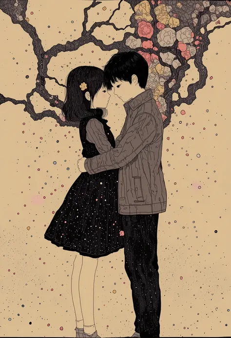 a girl and a boy merged in an embrace through time and space illustration story for ren:1.4 tenderness sweetness , Fujicolor, Optical illusion, Silhouette, distressed jacket, UHD, retina, masterpiece, Precise, anatomically correct , textured leather, Sup...