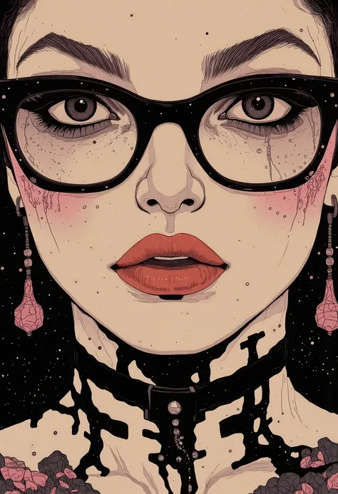 ((centered image, a close up of a woman with tattoos on her neck and face , Beautiful face of a cyberpunk girl , great arte digital with details, wears glasses you can see the reflection in the glasses of the glasses :1.5)), arte digital. very detailed , D...