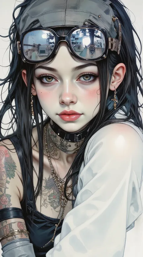 ((centered image, a close up of a woman with tattoos on her neck and face , Beautiful face of a cyberpunk girl , great arte digital with details, wears glasses you can see the reflection in the glasses of the glasses :1.5)), arte digital. very detailed , D...