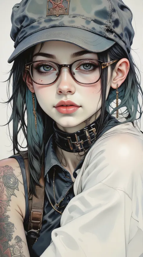 ((centered image, a close up of a woman with tattoos on her neck and face , Beautiful face of a cyberpunk girl , great arte digital with details, wears glasses you can see the reflection in the glasses of the glasses :1.5)), arte digital. very detailed , D...