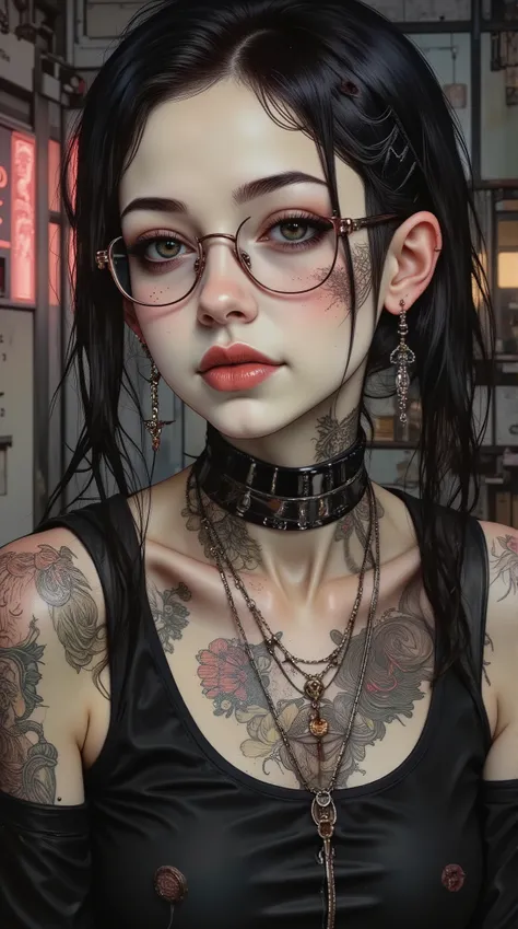 ((centered image, a first full body, of a woman with tattoos on her neck and face , Beautiful face of a cyberpunk girl , great arte digital with details, wears glasses you can see the reflection in the glasses of the glasses :1.5)), arte digital. very deta...